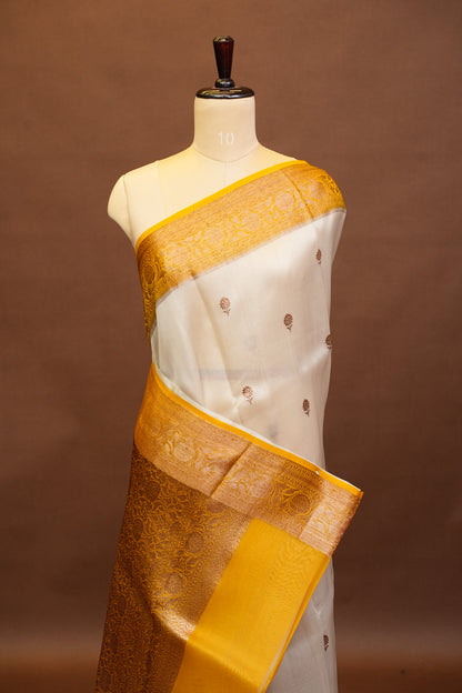 Pure Banarasi Organza(Kora) Silk Handloom Saree with Antique Gold Zari Buttas & Border – Champagne Gold & Mustard | Silk Mark Certified