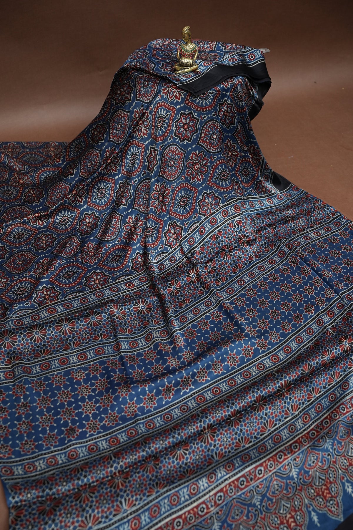 Pure Modal Silk Saree in Indigo Blue with Ajrakh Block Print Pallu