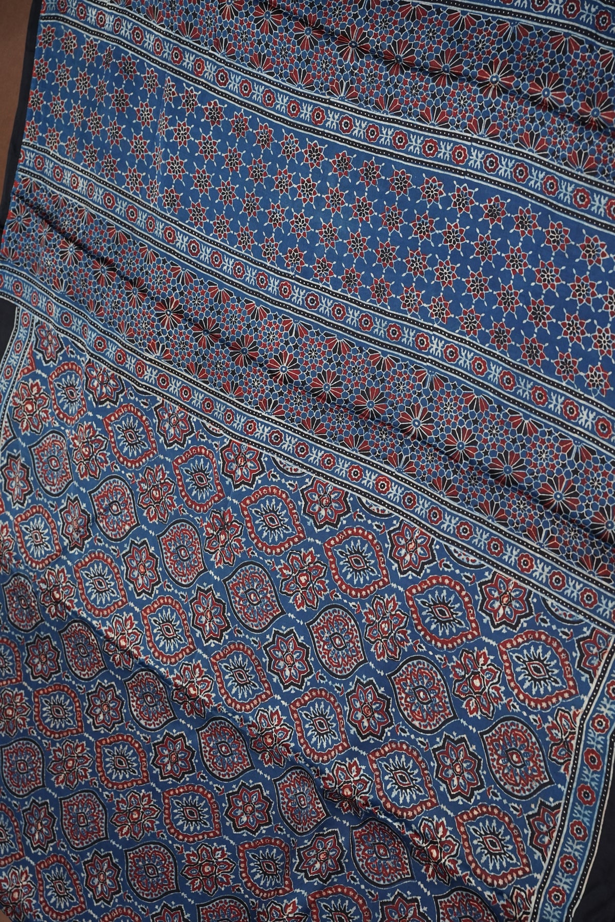 Pure Modal Silk Saree in Indigo Blue with Ajrakh Block Print Pallu
