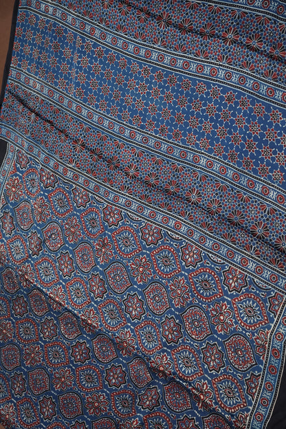 Pure Modal Silk Saree in Indigo Blue with Ajrakh Block Print Pallu
