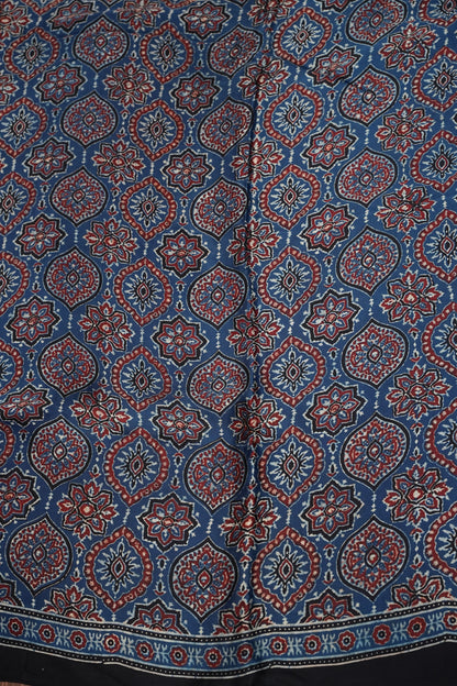 Pure Modal Silk Saree in Indigo Blue with Ajrakh Block Print Pallu