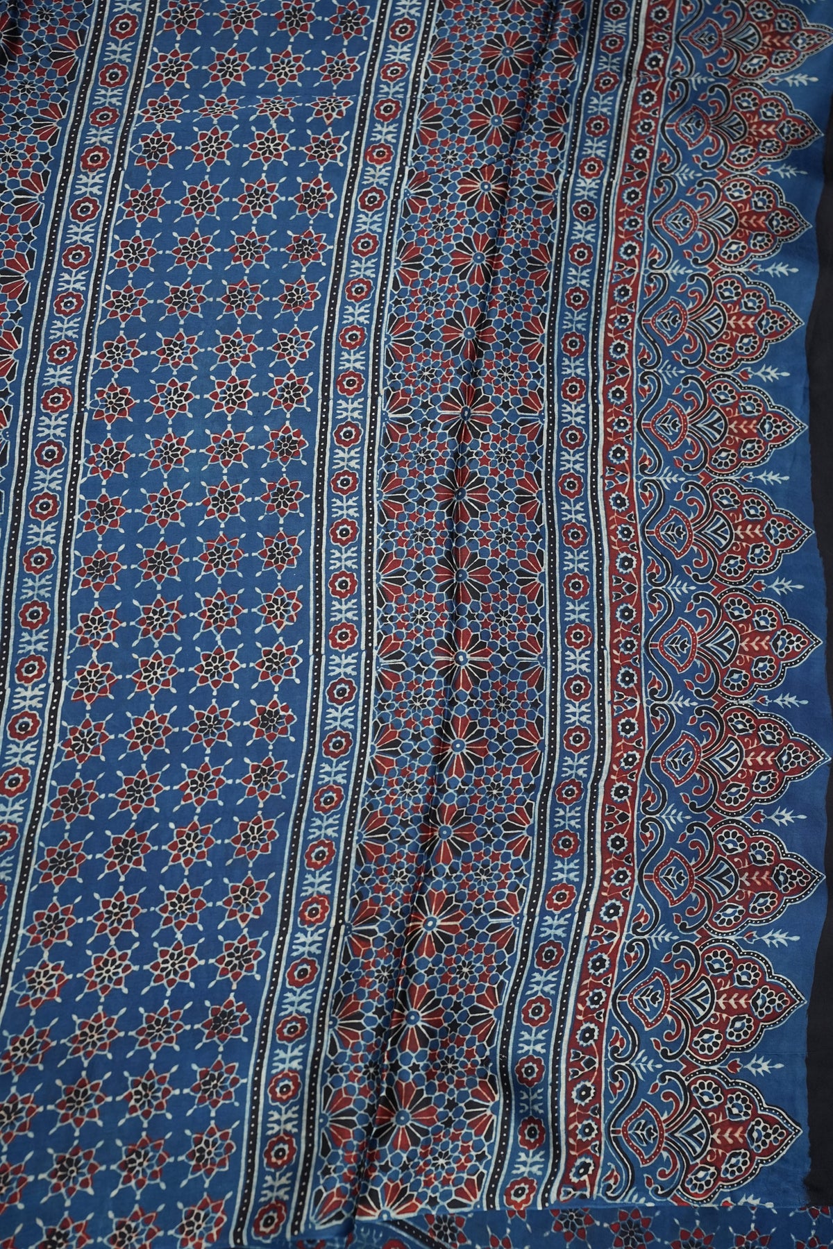 Pure Modal Silk Saree in Indigo Blue with Ajrakh Block Print Pallu