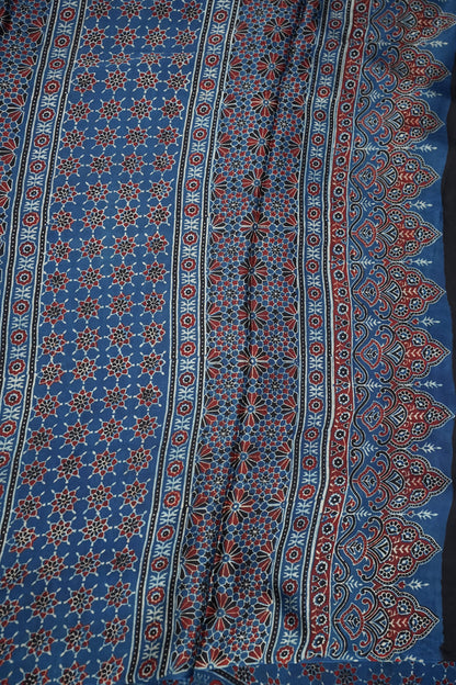 Pure Modal Silk Saree in Indigo Blue with Ajrakh Block Print Pallu