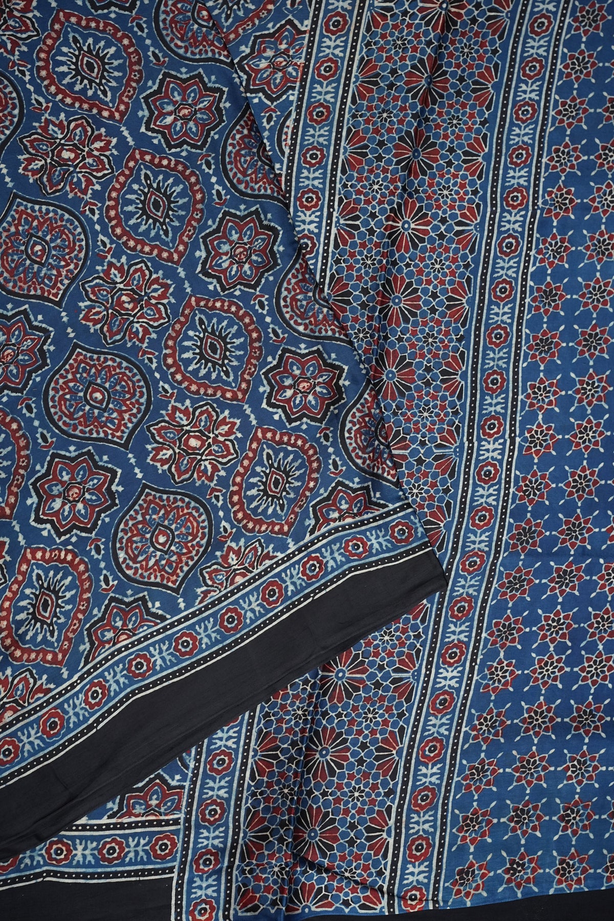 Pure Modal Silk Saree in Indigo Blue with Ajrakh Block Print Pallu