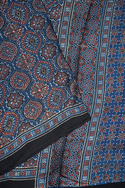 Pure Modal Silk Saree in Indigo Blue with Ajrakh Block Print Pallu