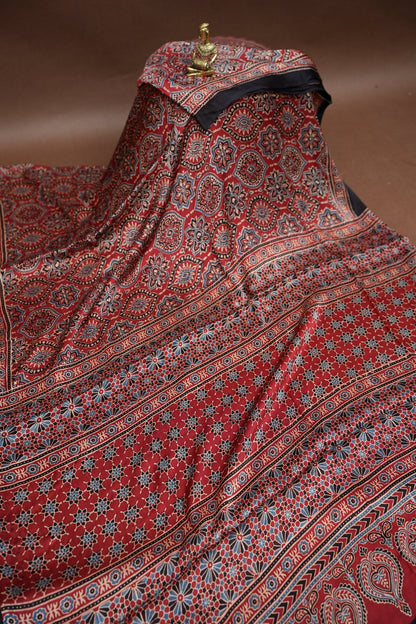 Pure Modal Silk Saree in Maroon with Ajrakh Block Print Pallu
