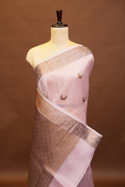 Pure Banarasi Organza(Kora) Silk Handloom Saree with Antique Gold Zari Buttas & Border – Baby Pink | Silk Mark Certified