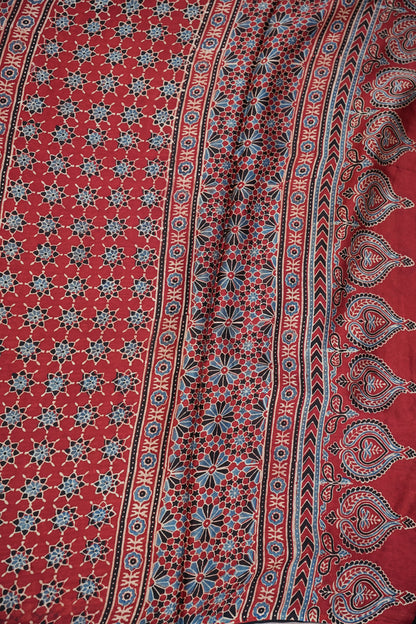 Pure Modal Silk Saree in Maroon with Ajrakh Block Print Pallu