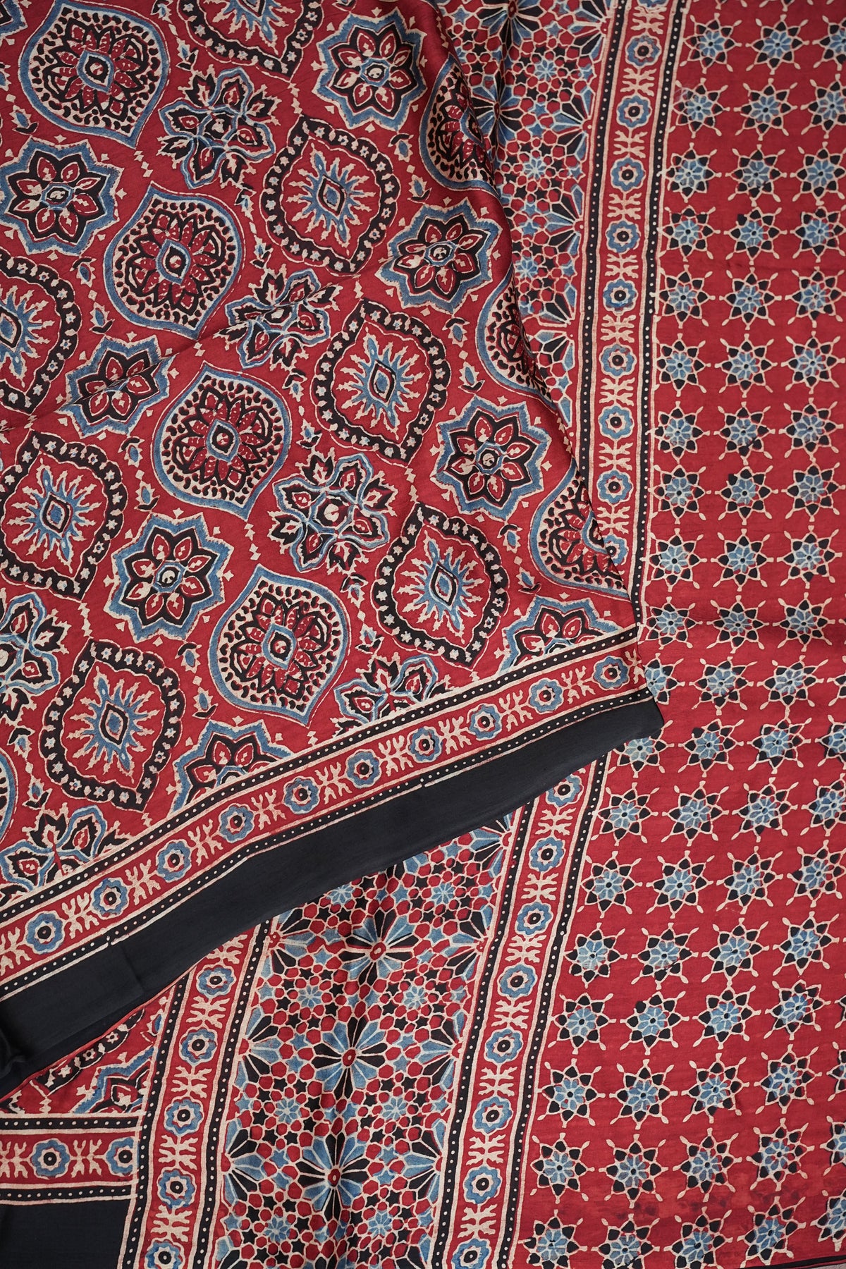 Pure Modal Silk Saree in Maroon with Ajrakh Block Print Pallu