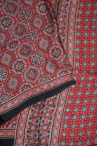 Pure Modal Silk Saree in Maroon with Ajrakh Block Print Pallu
