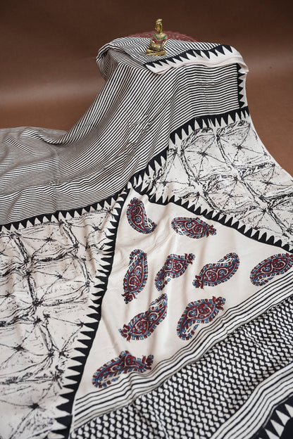 Pure Modal Silk Saree in Black & White with Geometric Block Prints