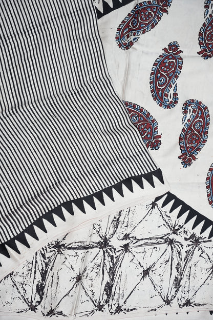 Pure Modal Silk Saree in Black & White with Geometric Block Prints