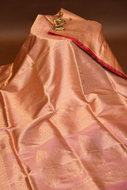 Pure Handloom Silk Katan Banaras Saree - Pinkish Peach|Silk Mark Certified