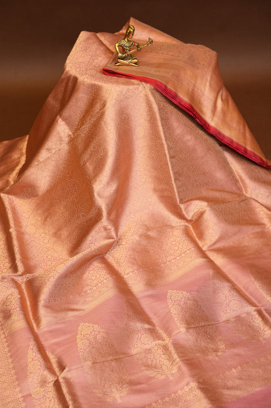 Pure Handloom Silk Katan Banaras Saree - Pinkish Peach|Silk Mark Certified