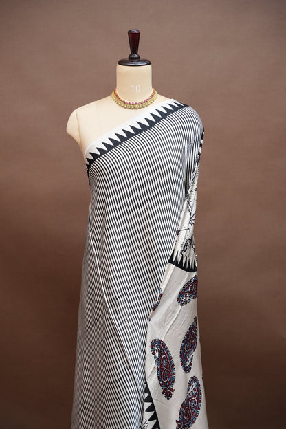 Pure Modal Silk Saree in Black & White with Geometric Block Prints