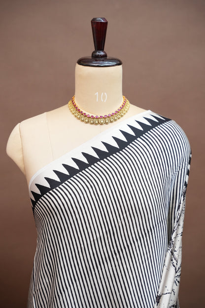 Pure Modal Silk Saree in Black & White with Geometric Block Prints