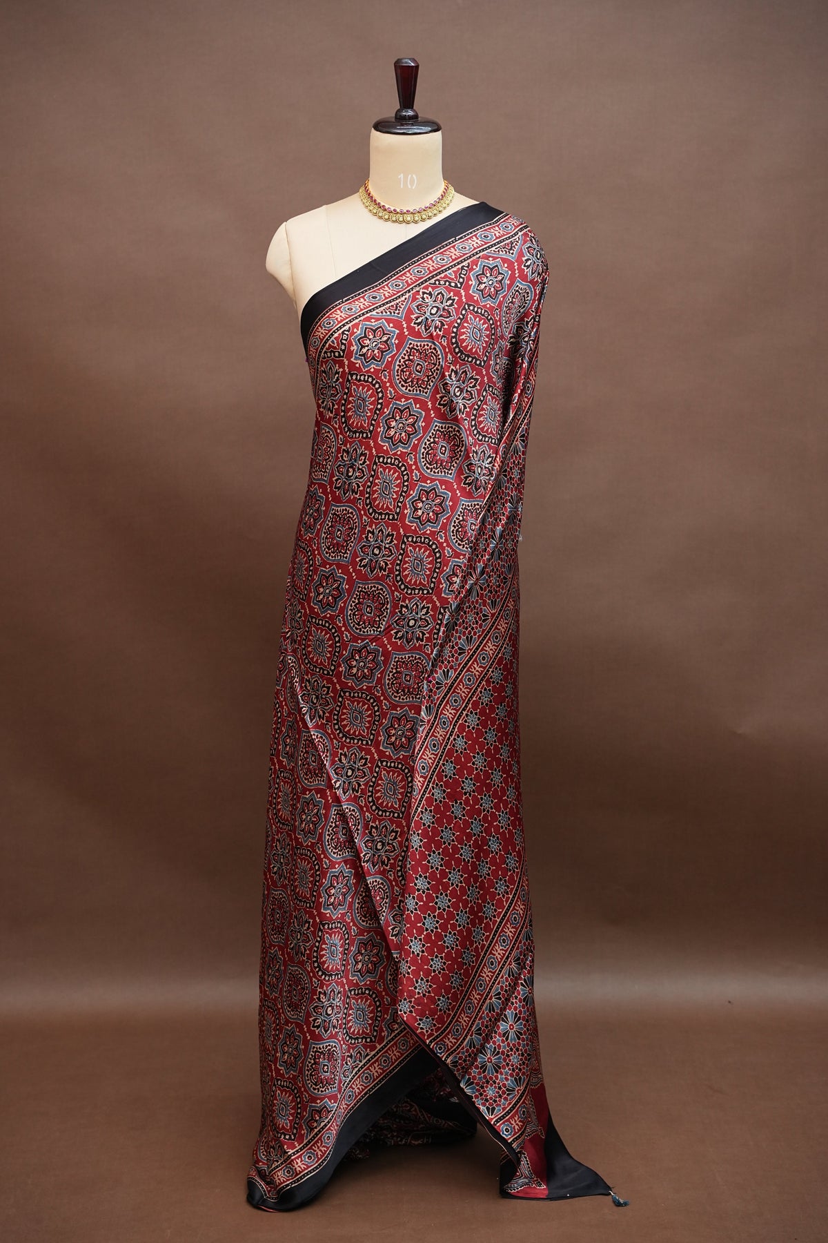 Pure Modal Silk Saree in Maroon with Ajrakh Block Print Pallu