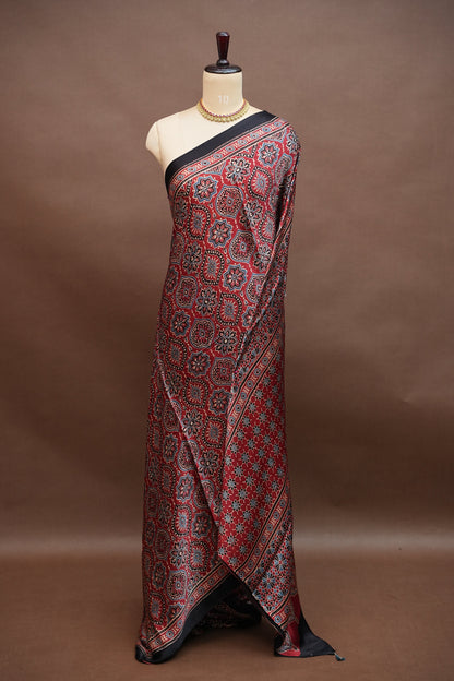 Pure Modal Silk Saree in Maroon with Ajrakh Block Print Pallu