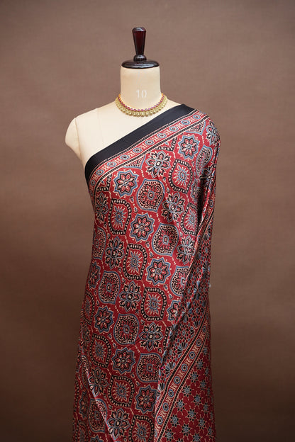 Pure Modal Silk Saree in Maroon with Ajrakh Block Print Pallu