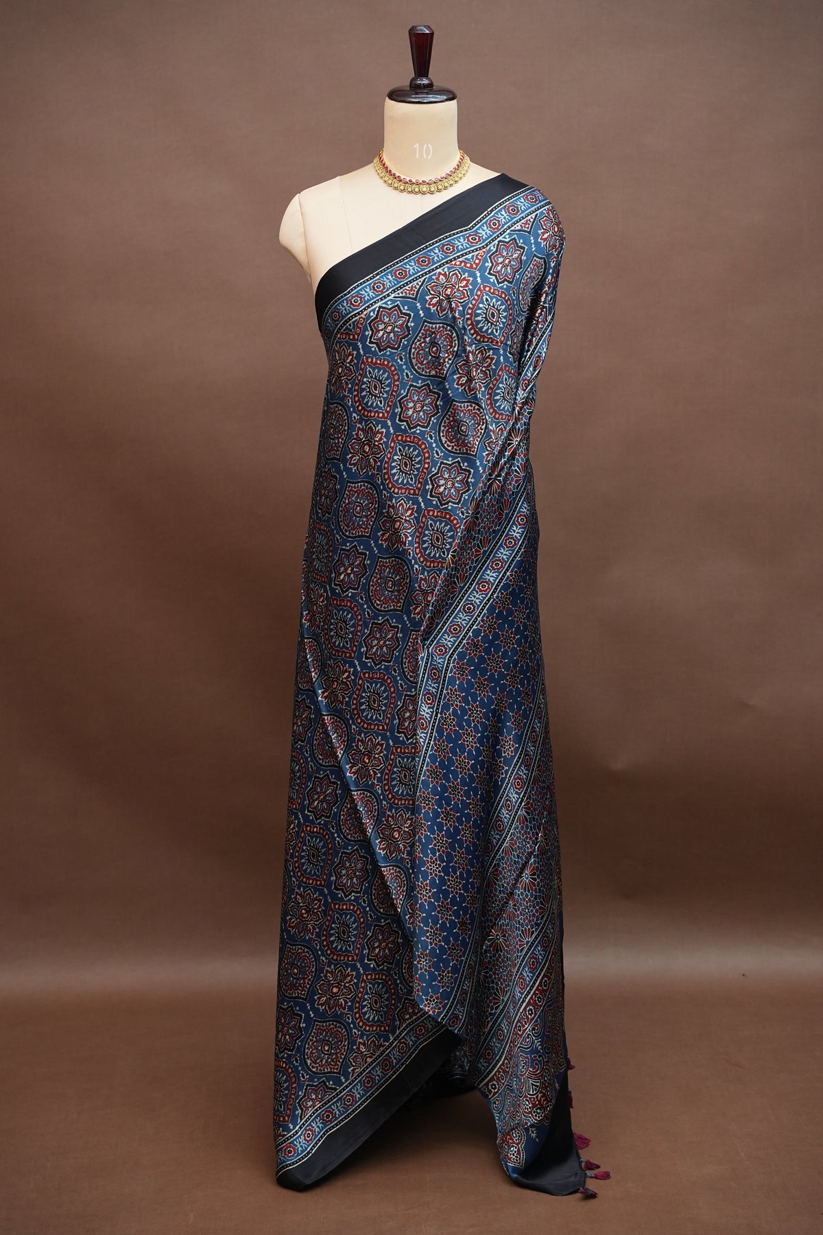 Pure Modal Silk Saree in Indigo Blue with Ajrakh Block Print Pallu