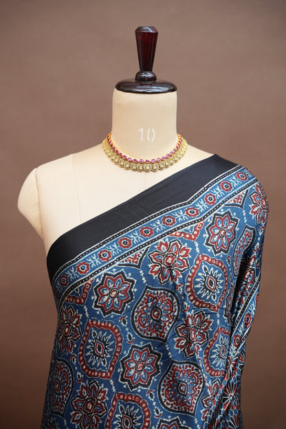 Pure Modal Silk Saree in Indigo Blue with Ajrakh Block Print Pallu