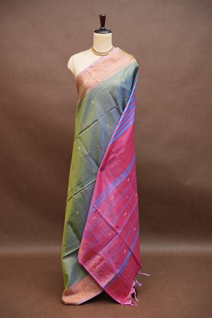 Vegan Silk Saree – Dual Toned Olive Green