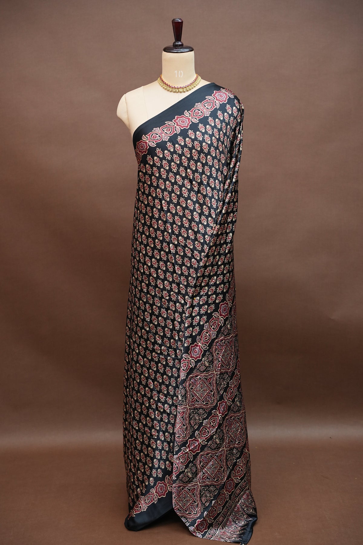 Pure Modal Silk Saree in Black with Ajrakh Block Prints