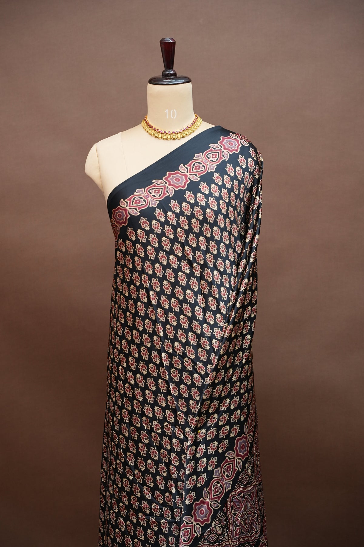 Pure Modal Silk Saree in Black with Ajrakh Block Prints