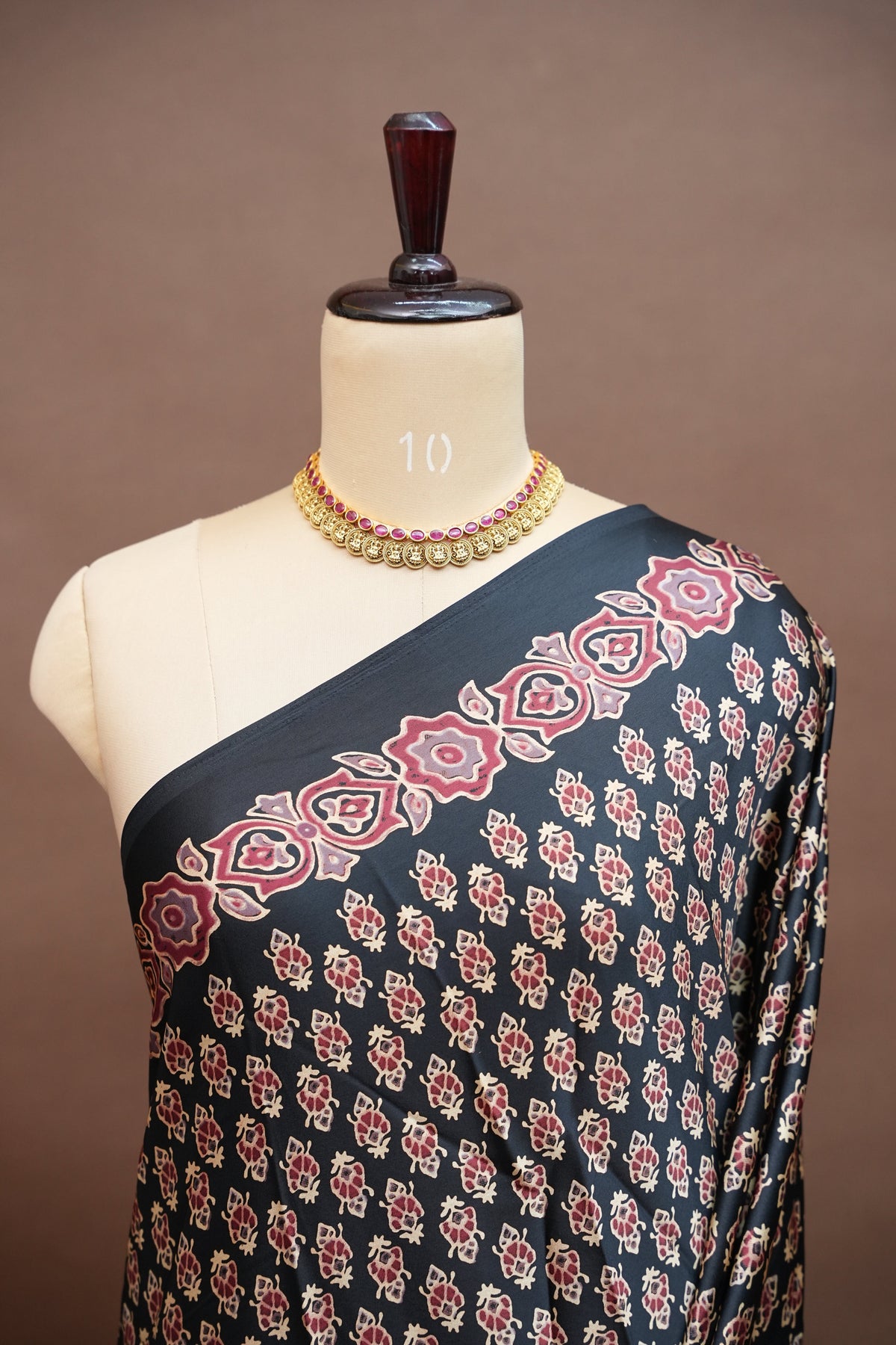 Pure Modal Silk Saree in Black with Ajrakh Block Prints