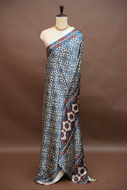 Pure Modal Silk Saree in Beige Base with Blue Ajrakh Block Prints
