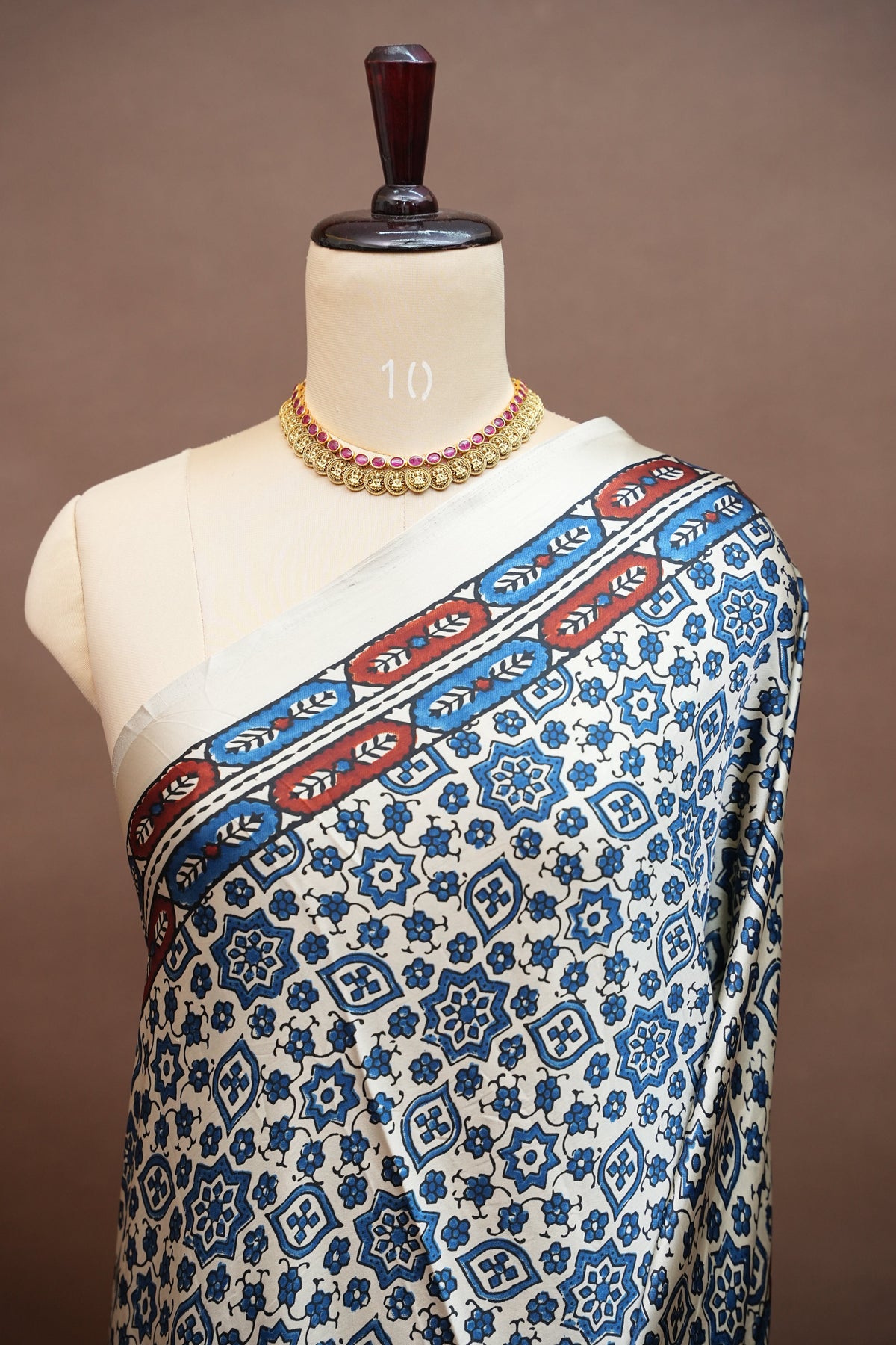Pure Modal Silk Saree in Beige Base with Blue Ajrakh Block Prints