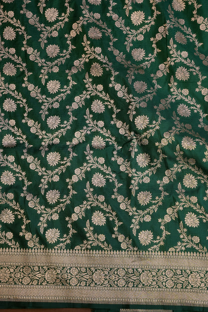 Pure Handloom Silk Katan Banaras Saree - Emerald Green|Silk Mark Certified