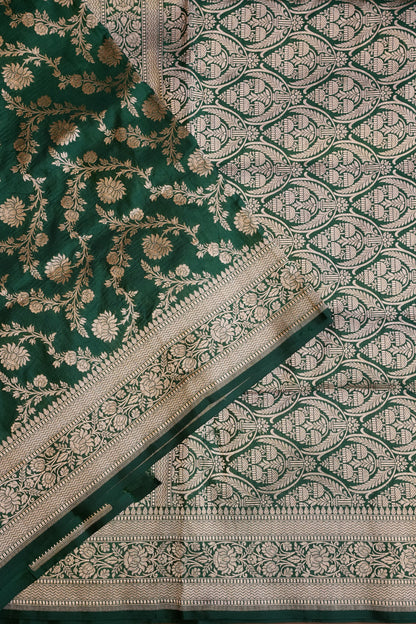 Pure Handloom Silk Katan Banaras Saree - Emerald Green|Silk Mark Certified