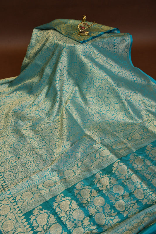 Pure Handloom Silk Katan Banaras Saree - Blue|Silk Mark Certified