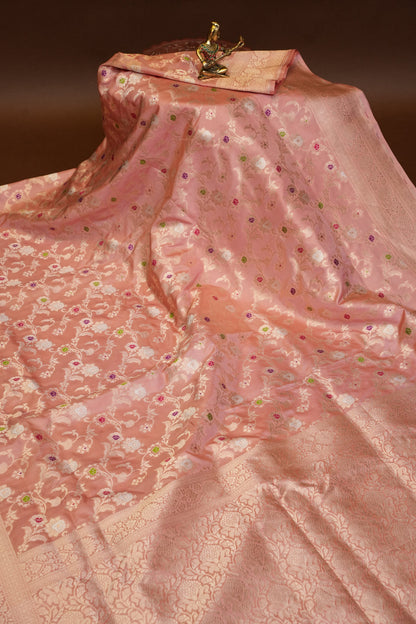 Pure Handloom Silk Katan Banaras Saree - Pinkish Peach|Silk Mark Certified