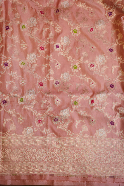 Pure Handloom Silk Katan Banaras Saree - Pinkish Peach|Silk Mark Certified