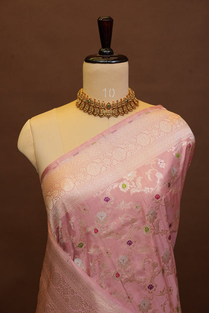 Pure Handloom Silk Katan Banaras Saree - Pinkish Peach|Silk Mark Certified
