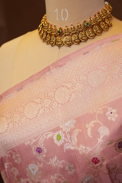 Pure Handloom Silk Katan Banaras Saree - Pinkish Peach|Silk Mark Certified