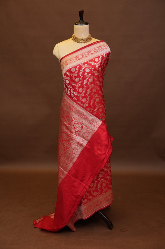Pure Handloom Silk Katan Banaras Saree - Red|Silk Mark Certified
