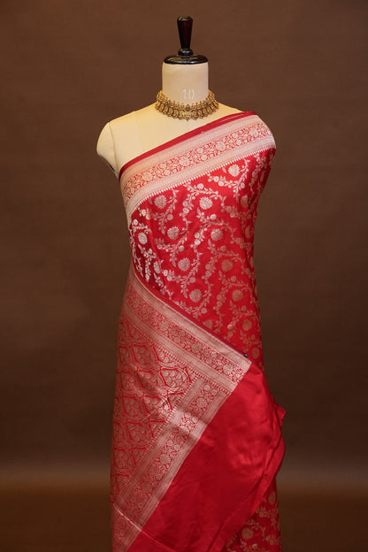 Pure Handloom Silk Katan Banaras Saree - Red|Silk Mark Certified