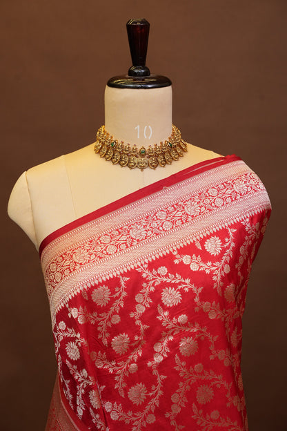 Pure Handloom Silk Katan Banaras Saree - Red|Silk Mark Certified