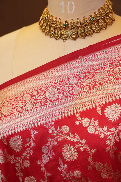 Pure Handloom Silk Katan Banaras Saree - Red|Silk Mark Certified