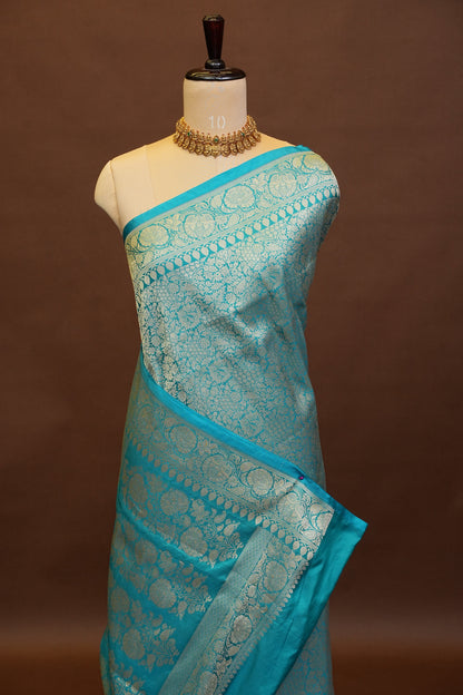 Pure Handloom Silk Katan Banaras Saree - Blue|Silk Mark Certified