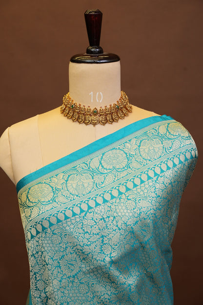 Pure Handloom Silk Katan Banaras Saree - Blue|Silk Mark Certified
