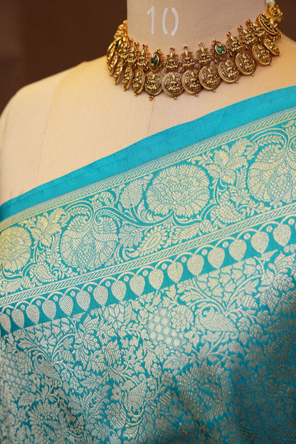 Pure Handloom Silk Katan Banaras Saree - Blue|Silk Mark Certified