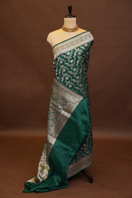 Pure Handloom Silk Katan Banaras Saree - Emerald Green|Silk Mark Certified