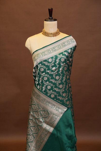 Pure Handloom Silk Katan Banaras Saree - Emerald Green|Silk Mark Certified