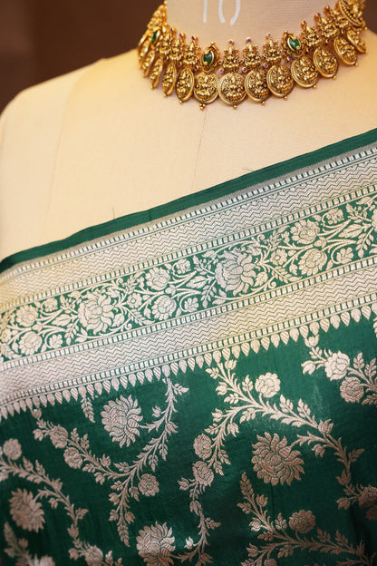 Pure Handloom Silk Katan Banaras Saree - Emerald Green|Silk Mark Certified
