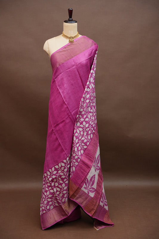 Pure Tussar Silk Saree in Magenta Pink with Leaf Vines|Silk Mark Certified