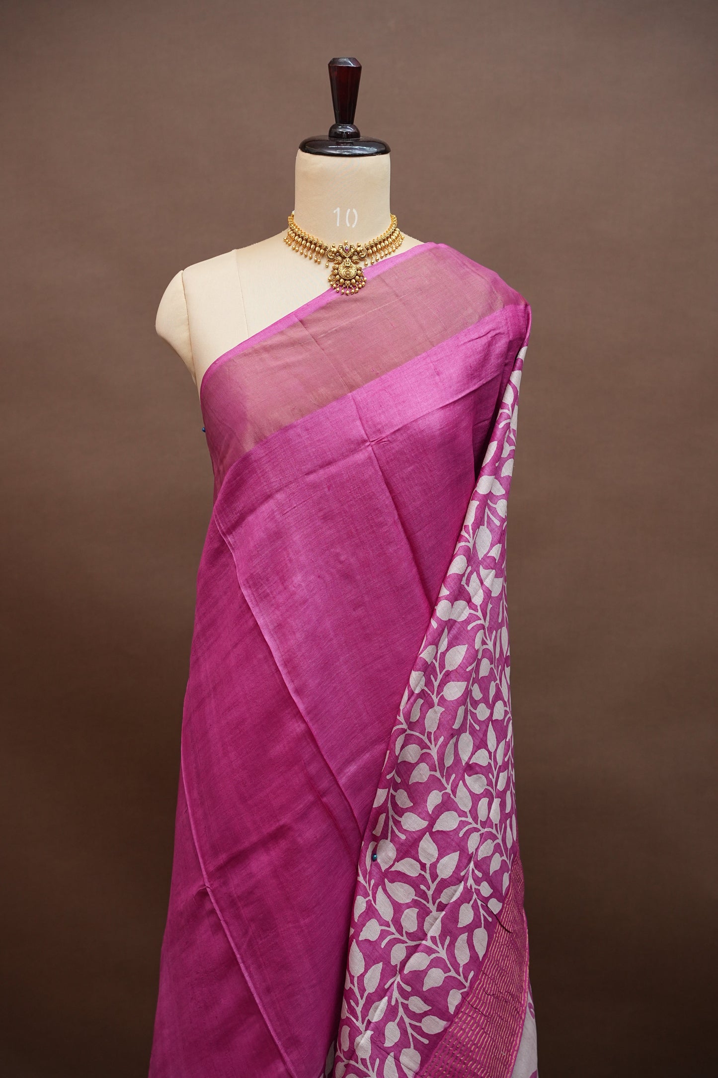 Pure Tussar Silk Saree in Magenta Pink with Leaf Vines|Silk Mark Certified